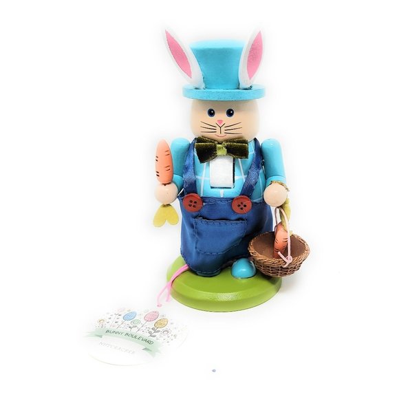 Easter Bunny 7" Nutcracker Wood Mini Blue Carrot Gardener Rabbit - Picture 1 of 5